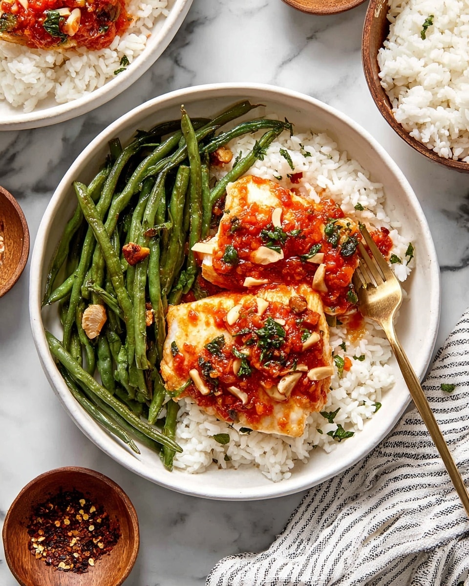 A white bowl holds a bed of fluffy white rice as the bottom layer. On top of the rice, two fish fillets covered in chunky red sauce with bits of white almonds and green herbs form the middle layer. On the side of the fish, bright green sautéed green beans with browned slices of garlic add texture and color as the third layer. A gold fork rests inside the bowl on the right side, partly touching the green beans. The bowl is placed on a white marbled surface with additional white bowls and small wooden dishes around it, showing more rice and spices. A striped white and gray cloth is placed on the bottom right corner. Photo taken with an iphone --ar 4:5 --v 7