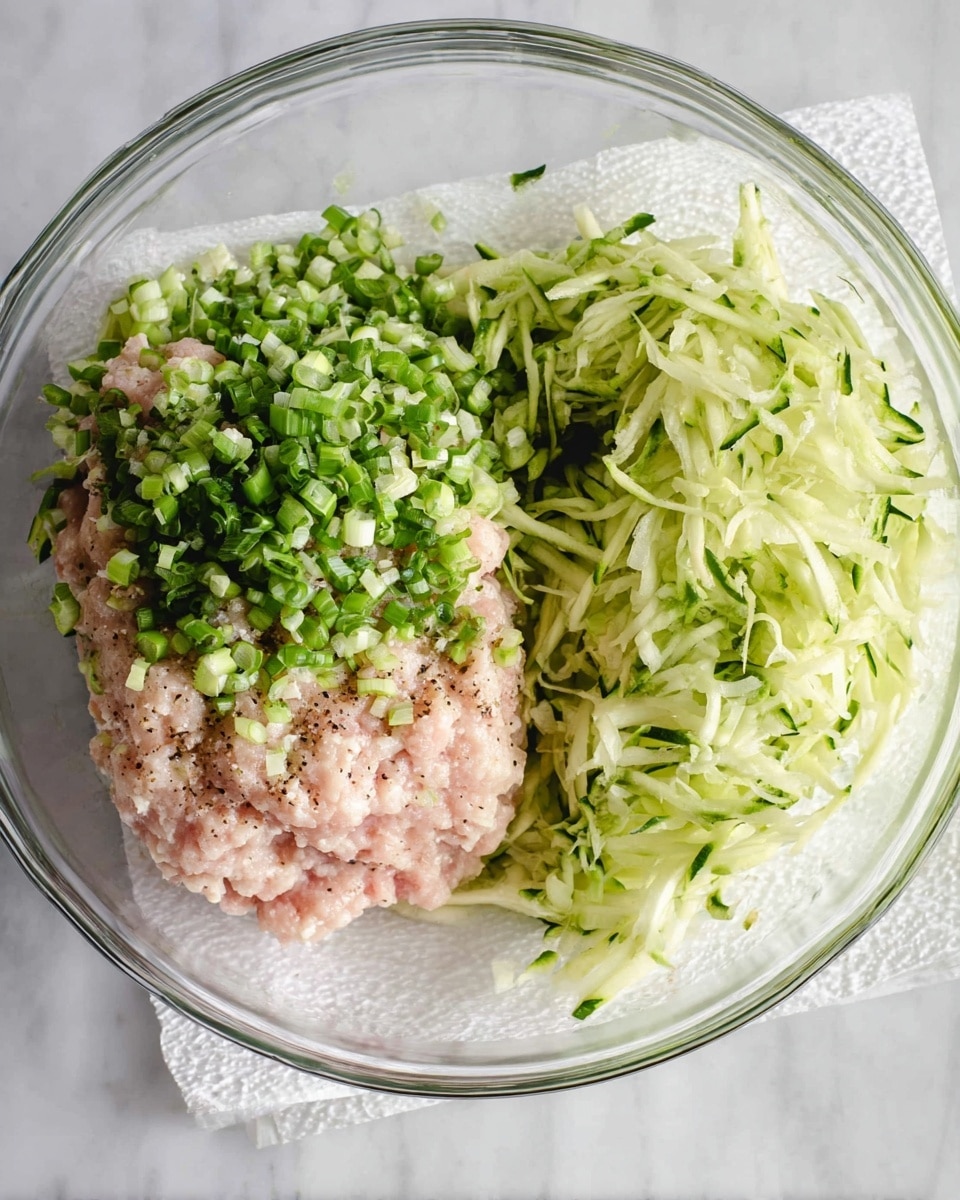 A clear glass bowl sits on a white marbled surface, filled with three main layers of ingredients: the bottom layer is pale pink ground meat, lightly speckled with black pepper; on top of that, one side of the mixture is covered with finely chopped green onions, their fresh green and white colors adding texture; the other side is heaped with shredded green zucchini, its thin strands soft and moist. Next to the bowl, a pile of more shredded zucchini rests on a white paper towel, slightly wet and clumped together. Photo taken with an iphone --ar 4:5 --v 7