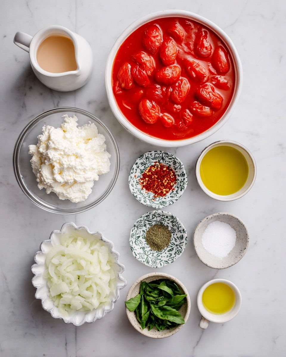 A white bowl filled with whole peeled tomatoes in bright red sauce sits in the top right, next to a white small jug with light beige liquid on the top left. Below these are a small white bowl with white salt on the right, a small white jug with yellow oil below the salt, and a small dark bowl with ground black pepper below the oil. In the center are three small white patterned bowls, one with sliced garlic cloves, one with red chili flakes, and one with green chopped fresh basil leaves. On the bottom left, a white scallop-edged bowl holds chopped white onions, and above it is a clear glass bowl filled with white cottage cheese. The entire setup is on a white marbled surface. Photo taken with an iphone --ar 4:5 --v 7