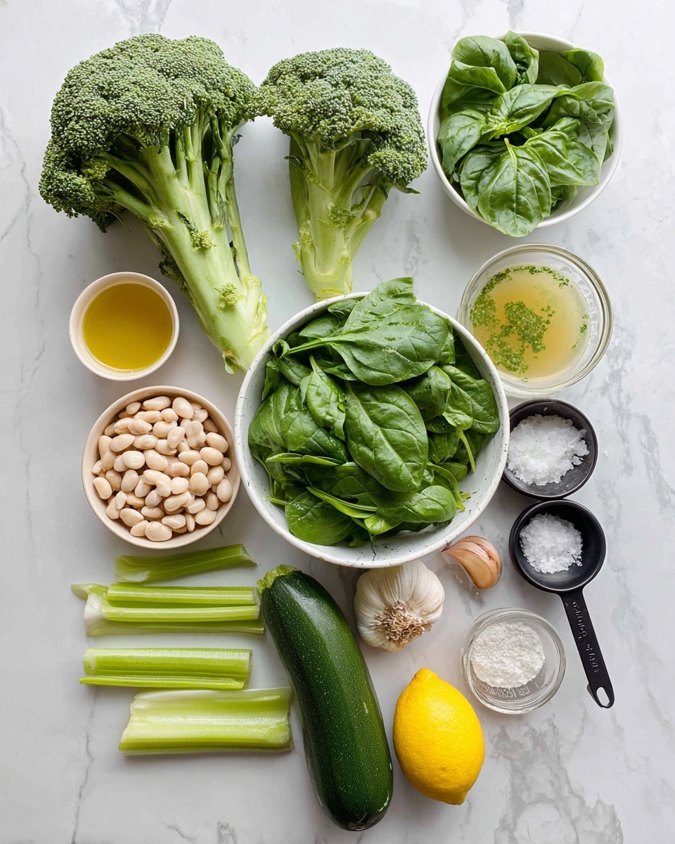 A collection of fresh ingredients is neatly arranged on a white marbled surface. The image shows two green broccoli heads with thick stems placed near the center. Below them is a dark green zucchini with a smooth texture, and to its left are two light green celery stalks. A small round yellow lemon sits near the bottom right above a metal measuring cup filled with large white beans. Next to the lemon are peeled garlic cloves and a brown onion with its papery skin. To the top left of the broccoli are a small bowl of olive oil with a smooth yellow surface and a small glass bowl of frozen green peas. Above the broccoli and peas is a small white bowl filled with bright green fresh basil leaves. To the right of that is a glass cup filled with yellow broth sprinkled with herbs. Below the broth is a white bowl filled with fresh deep green spinach leaves. There is a small black bowl containing white salt in front of the onion. The whole scene is bright and fresh with a clean and organized look photo taken with an iphone --ar 4:5 --v 7