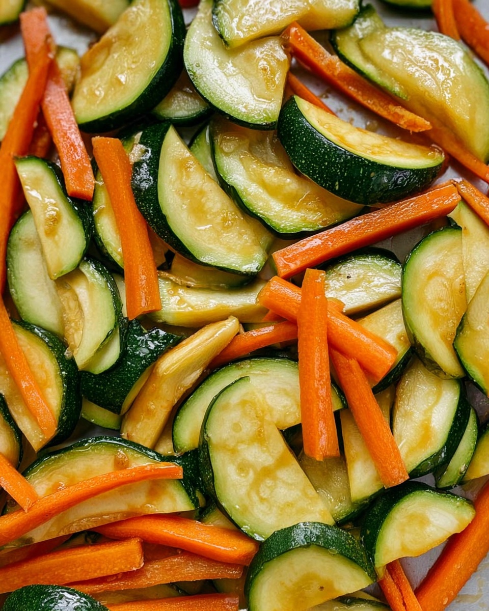 The image shows roasted vegetables on a white marbled surface, featuring two layers of mainly zucchini and carrot pieces. The first layer has thick slices of zucchini with bright green edges and soft yellow interiors, some with browned, lightly caramelized spots. The second layer has bright orange carrot sticks scattered over the zucchini pieces, with a shiny, slightly oily texture from roasting. The vegetables look cooked but still firm, with a mix of warm yellow and orange colors and some darker spots for roasted effect. Photo taken with an iphone --ar 4:5 --v 7