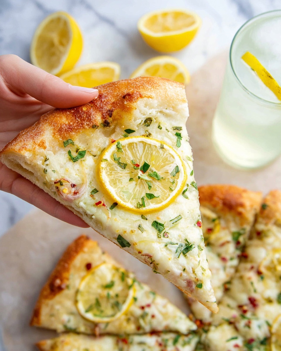 A white pizza slice is held by a woman's hand, showing three main layers: a thick golden-brown crust with a rough texture at the edge, a creamy white cheese layer speckled with green herbs and red pepper flakes, topped with a thin, round yellow lemon slice in the center. In the background, more pizza slices rest on brown parchment paper with green parsley scattered around, placed on a white marbled surface. A clear glass with ice cubes and a light yellow drink sits behind the slice. Photo taken with an iphone --ar 4:5 --v 7