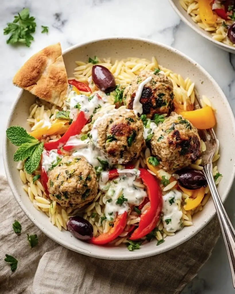 Greek Turkey Meatballs with Lemon Orzo and Creamy Feta Yogurt Sauce Recipe