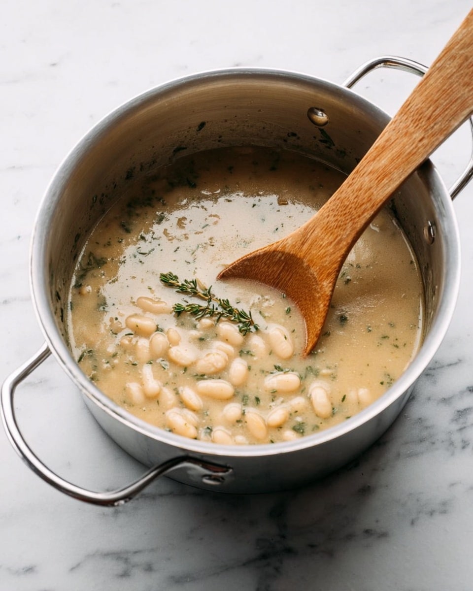 A silver pot holds a thick, creamy soup with a light beige color mixed with small white beans and tiny green herb bits scattered throughout. A wooden spoon with a flat, wide end rests inside the pot, partially submerged in the soup, showing some stirring motion. The pot sits on a white marbled surface that adds a clean, bright background to the scene. photo taken with an iphone --ar 4:5 --v 7