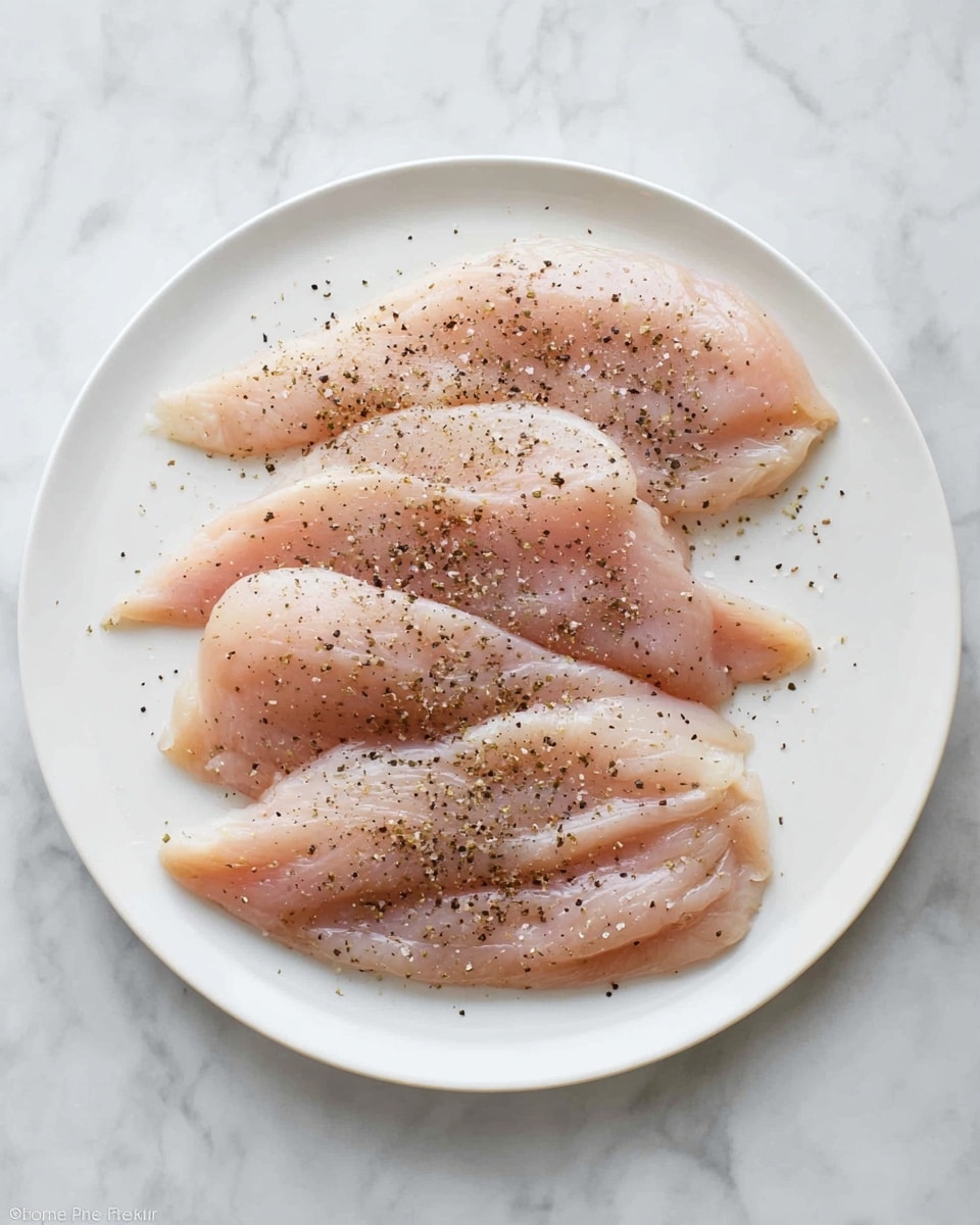 A white round plate on a white marbled surface holds four raw thin slices of light pink meat, each sprinkled with small black pepper flakes evenly spread across their surfaces, arranged loosely in two rows with two pieces at the top and two at the bottom, showing smooth and slightly shiny textures. photo taken with an iphone --ar 4:5 --v 7