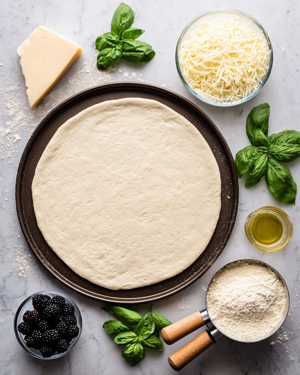 A round, flat pizza dough is spread out evenly on a dark pizza tray, placed in the center. Around the tray, there are fresh green basil leaves arranged in small bunches. To the left, a wedge of cheese is resting on the white marbled surface with some grated cheese sprinkled nearby. A small glass bowl filled with blackberries is placed near the basil leaves. On the right side, there is a clear glass bowl full of shredded white cheese next to two measuring cups with wooden handles containing flour and a yellow liquid, likely oil. The white marbled surface contrasts with the dark tray and complements the fresh colors of the ingredients. Photo taken with an iphone --ar 4:5 --v 7