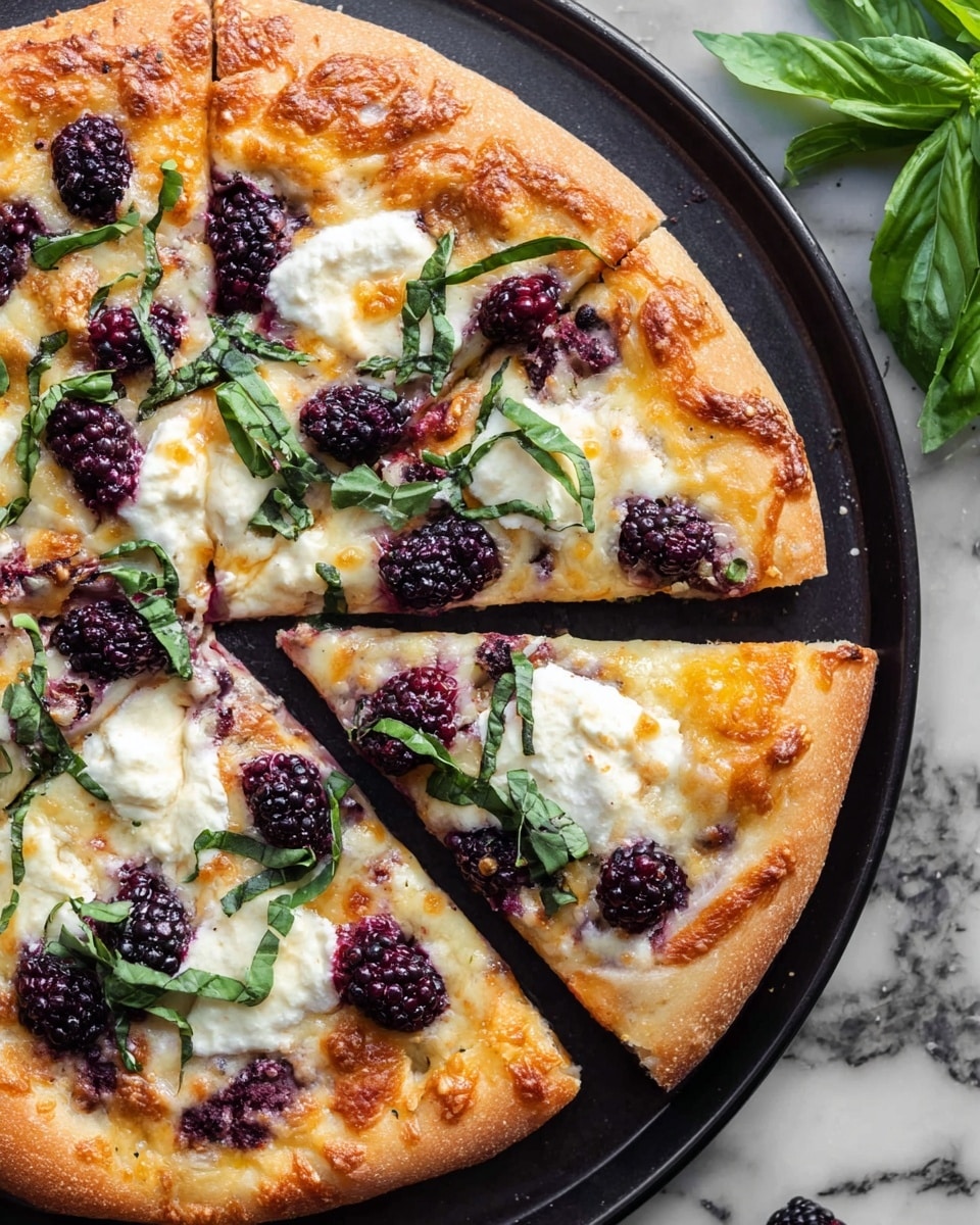 The image shows a round pizza on a black pan placed on a white marbled surface. The pizza has one thick, golden-brown crust around the edges. The base layer is a reddish sauce topped with melted light golden cheese spread evenly. There are dark purple blackberries scattered all over the pizza. Patches of creamy white cheese are spread in dollops around the pizza. Thin strips of fresh green basil leaves are sprinkled on top, adding a bit of freshness and color contrast. Photo taken with an iphone --ar 4:5 --v 7