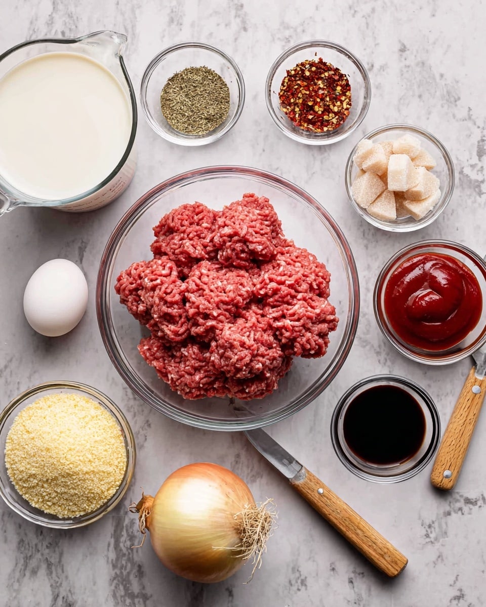 The image shows ingredients arranged on a white marbled surface for making a dish. In the center, there is a clear glass bowl filled with two layers of raw ground meat, reddish in color and finely textured. Around the bowl are measuring cups and small glass bowls holding various ingredients: a measuring cup with white milk at the bottom left, a whole white egg to its left, a small glass bowl of mixed dried herbs and red flakes at the top left, a measuring cup full of pale yellow breadcrumbs near the center left, a small spoon with white salt above the meat bowl, another measuring cup filled with thick red ketchup to the right, a small spoon of dark soy sauce below the ketchup, a small glass bowl with light brown sugar crystals on the upper right side, and a whole white onion with dry root strings on the bottom right. All utensils have wooden handles. Photo taken with an iphone --ar 4:5 --v 7