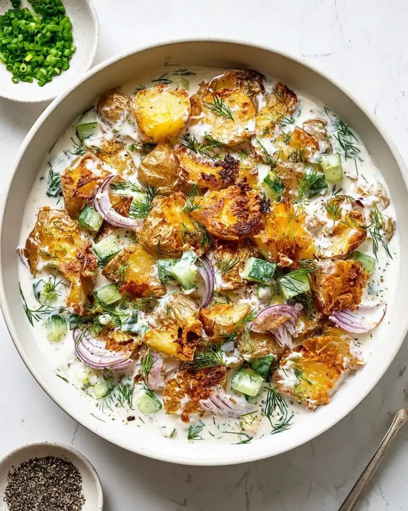 Crispy Smashed Potato Salad with Tzatziki-Inspired Dressing Recipe