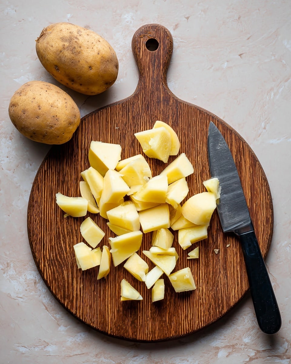 The image shows a round wooden cutting board with a handle placed on a white marbled surface. On the board, there are several pieces of peeled, light yellow potato chunks spread out. A large kitchen knife with a black handle rests on the right side of the board with some potato pieces touching the blade. Next to the board on the upper left side, there are two whole unpeeled potatoes with a rough, tan skin. The wood of the cutting board has a natural brown color and visible grain patterns. Photo taken with an iphone --ar 4:5 --v 7