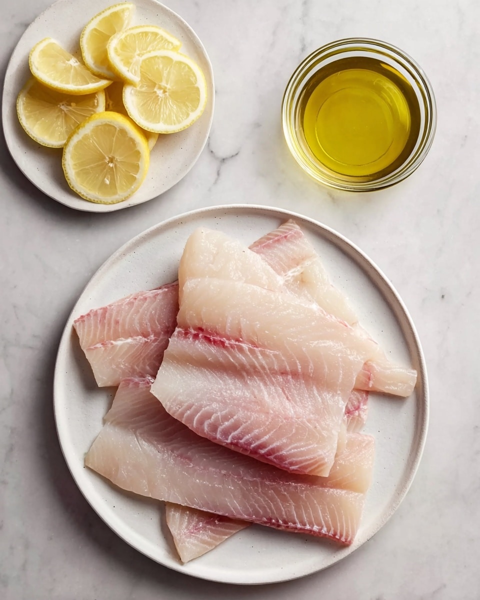 The image shows a white plate with four pieces of raw, pale pink fish fillets layered slightly overlapping each other, with some visible white marbling and light reddish streaks. To the top left is a white plate with five lemon wedges arranged in a loose circle. Above the fish plate is a small clear glass bowl filled with golden yellow oil. The setup is placed on a white marbled surface. photo taken with an iphone --ar 4:5 --v 7