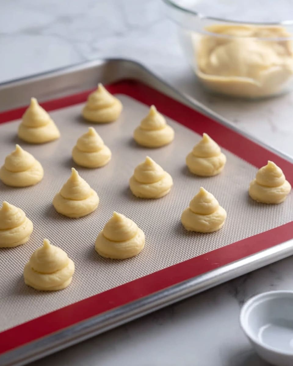 The image shows a metal baking tray lined with a red-bordered silicone mat holding 15 small dollops of light yellow batter, each shaped like a small mound with a pointed top. The dollops are arranged in a grid pattern, three rows by five columns, with smooth texture and slight round ridges. In the foreground, there is a blurry pastry bag filled with the same yellow batter, resting on a white marbled surface, and a small empty white bowl next to it. The photo taken with an iphone --ar 4:5 --v 7