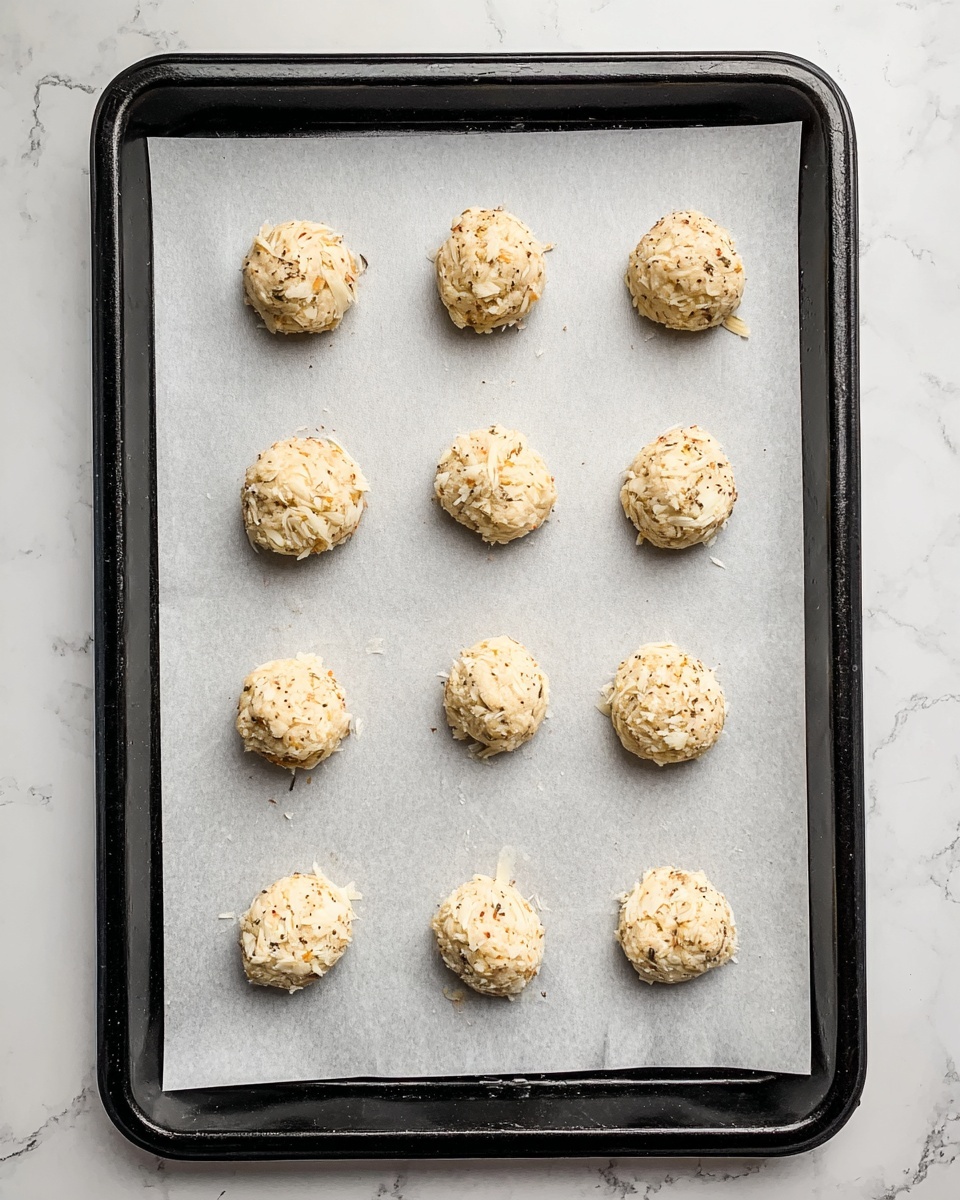 The image shows a black baking tray lined with white parchment paper placed on a white marbled surface. On the parchment paper, there are ten light beige dough balls mixed with visible small white cheese chunks and sprinkled with black pepper. The dough balls are arranged in two straight columns of five, with each ball appearing round and roughly the same size, showcasing a rough texture with bits of cheese slightly sticking out. The photo taken with an iphone --ar 4:5 --v 7