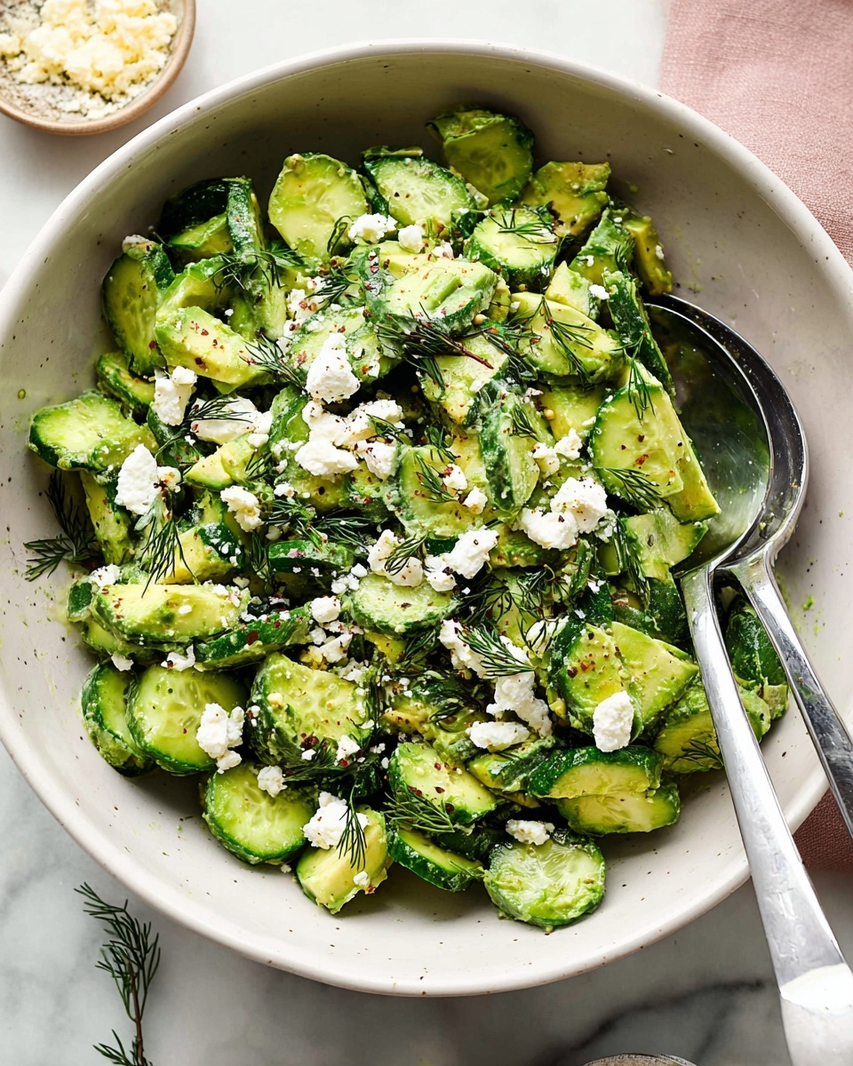 A white bowl filled with a fresh green salad made of sliced cucumbers and avocado pieces mixed with small dark green herb leaves. The salad is topped with crumbled white cheese and small sprigs of fresh dill, sprinkled lightly with black pepper. Two silver metal serving spoons rest inside the bowl on the right side. The bowl sits on a white marbled surface with small bowls of cheese and pepper blurred in the background photo taken with an iphone --ar 4:5 --v 7