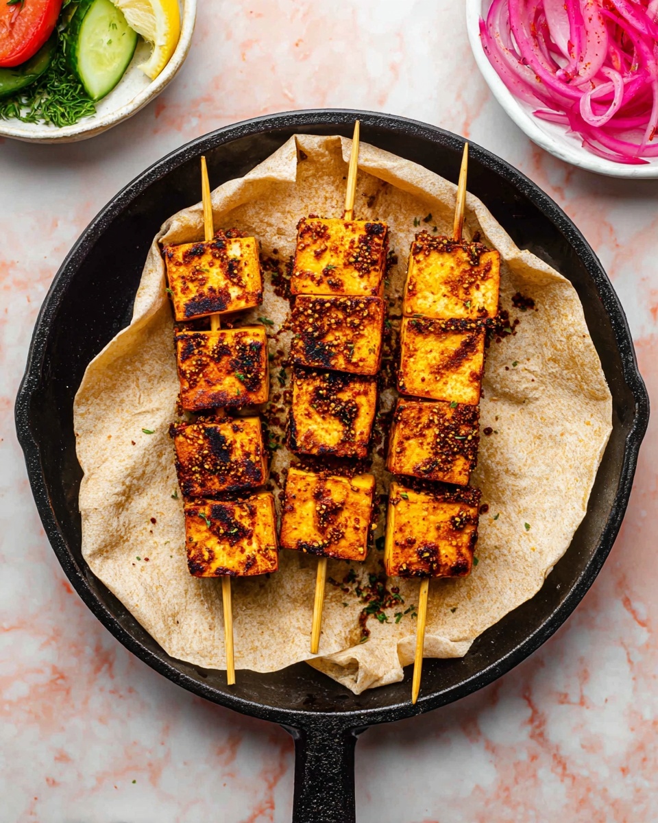 Four skewers of tofu are laid flat inside a black cast iron pan, each skewer holding three rectangular pieces. The tofu pieces have a bright orange color with dark brown char marks and spice flakes scattered on the surface, giving a textured and roasted look. The pan rests on a white marbled surface. photo taken with an iphone --ar 4:5 --v 7