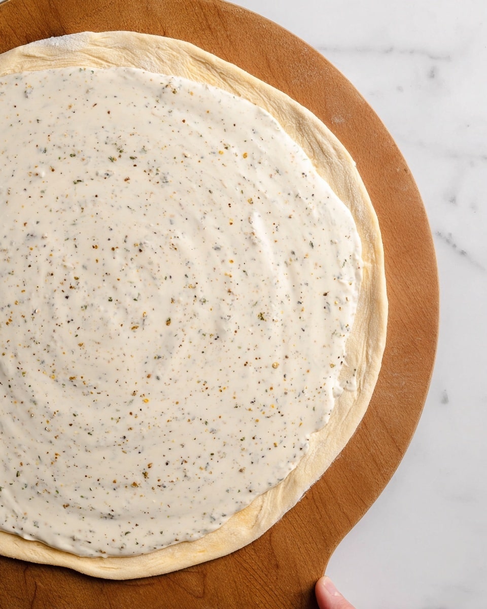 The image shows one round pizza dough layer with a pale beige color and soft texture on a wooden pizza peel. On top of this layer is a second layer of creamy white sauce, spread evenly with visible small herbs and spices mixed inside, creating tiny specks of green, black, and brown. The wooden pizza peel sits on a white marbled surface, and a woman's hand is holding the edge of the peel from the top right corner. photo taken with an iphone --ar 4:5 --v 7