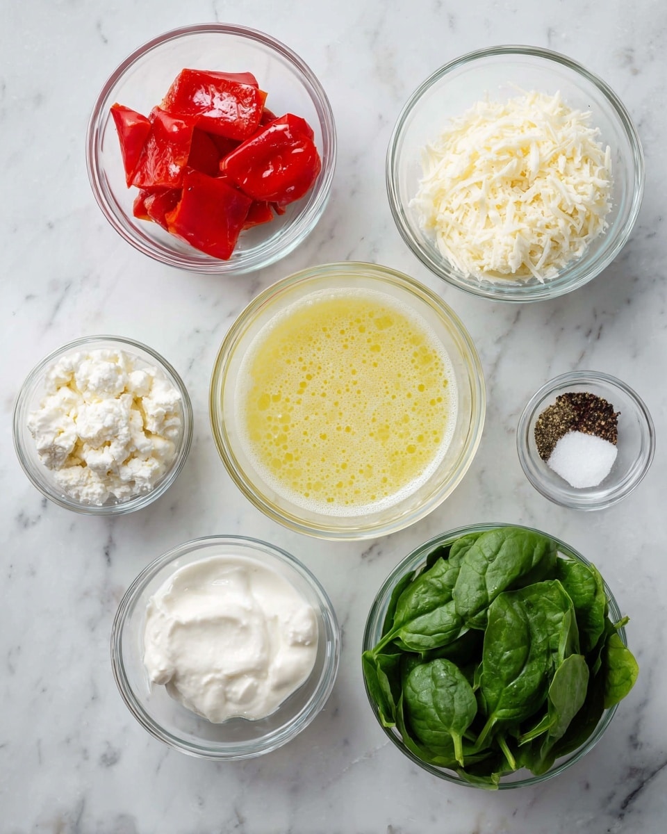 The image shows seven clear glass bowls arranged on a white marbled surface. In the center is a large bowl with light yellow lemon juice, a bit frothy on top. To the top left is a bowl with three large pieces of red roasted peppers. Below it is a bowl filled with white crumbled cheese, and next to it, a bowl with grated white cheese. On the right side, there is a medium bowl filled with fresh green spinach leaves. Below the spinach is a small bowl with white creamy yogurt, and next to the roasted peppers, a tiny bowl holds white salt and black pepper. All the ingredients are brightly lit, showing fresh textures. Photo taken with an iphone --ar 4:5 --v 7