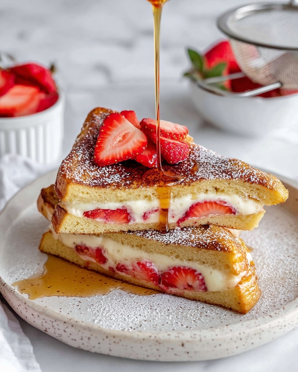 The image shows two triangular pieces of stuffed French toast stacked on a white plate with a speckled edge, placed on a white marbled surface. The toast is golden brown on the outside, with a soft cream cheese filling mixed with pieces of red strawberries inside. On top of the stacked toasts, there are fresh sliced strawberries arranged in a small pile. Syrup is being poured over the toast and strawberries, creating a warm, glossy effect. A light dusting of powdered sugar is sprinkled over the toast and plate, highlighting the textures. In the background, there is a small white bowl of more sliced strawberries and another white bowl with a strainer. The overall look is bright and fresh. photo taken with an iphone --ar 4:5 --v 7