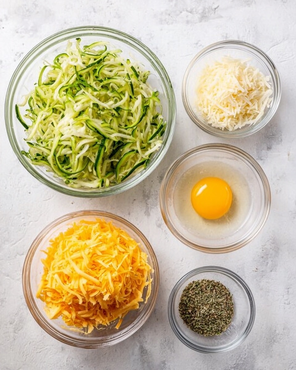 The image shows five clear glass bowls arranged on a white marbled surface. The largest bowl on the left is filled with shredded green zucchini with visible thin strands and a moist texture. To the right, a bowl contains one raw egg with a bright yellow yolk and clear egg white. Below that, a bowl holds shredded orange cheddar cheese with soft, small strips. Next to that, a smaller bowl contains light beige shredded Parmesan cheese with a crumbly texture. Finally, another small bowl holds mixed dried herbs and ground pepper with a green and black speckled texture. Photo taken with an iphone --ar 4:5 --v 7