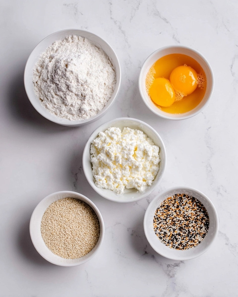 Five white bowls are placed on a white marbled surface, each holding a different ingredient. At the top left is a bowl filled with white flour, showing a powdery texture with slight clumps. In the center sits a bowl of white cottage cheese with a soft, lumpy texture. To the top right is a bowl with bright orange beaten eggs, slightly frothy on top. Below the flour bowl, near the bottom left, is a smaller bowl containing off-white sesame seeds with a smooth, round shape. Lastly, at the bottom right is a bowl filled with a mix of black, white, and light brown toasted seeds and spices, showing a coarse and grainy texture. photo taken with an iphone --ar 4:5 --v 7