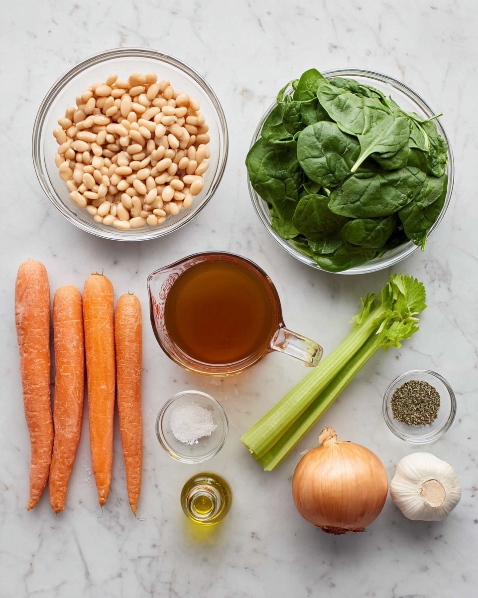 The image shows several fresh ingredients arranged neatly on a white marbled surface. There is a clear glass bowl filled with light beige cooked beans on the top left, and below it, another clear bowl filled with fresh green spinach leaves. Next to the bowls, three whole orange carrots lie side by side. Toward the center, a clear glass measuring cup holds a brown liquid broth. On the right side, there is one whole yellow onion, three green celery stalks with leaves, two peeled garlic cloves, a small glass bottle of olive oil, and a small clear bowl containing a mix of black pepper, dried green herbs, and white salt. The items are spaced evenly with nice color contrast and minimal shadows, all on the white marbled surface photo taken with an iphone --ar 4:5 --v 7