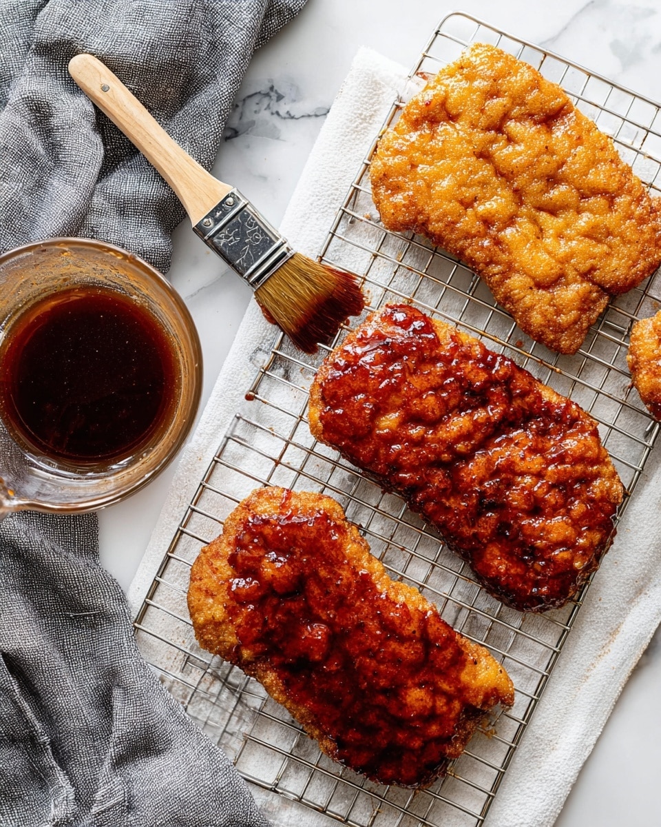 The image shows four pieces of fried food with a golden-brown, crispy, and bumpy texture resting on a silver cooling rack placed over a white cloth. Two of the pieces have a shiny, dark reddish-brown glaze brushed on them, giving them a glossy look, while the other two pieces remain dry and crunchy with a lighter golden color. A paintbrush with a wooden handle and dark bristles is spreading the glaze on one piece. On the white marbled surface next to the rack, there is a clear glass measuring cup filled with more dark reddish-brown sauce. A wrinkled grey cloth is partially visible near the measuring cup. photo taken with an iphone --ar 4:5 --v 7