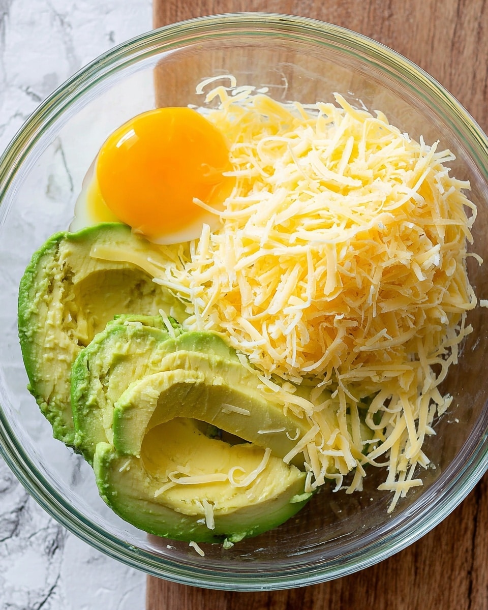 A clear glass bowl contains three main layers: on the bottom, two large halves of bright green avocado with smooth, creamy texture lie side by side; on the top right half, a big pile of shredded pale yellow cheese covers part of one avocado; to the left of the cheese, there is one raw egg with a bright orange yolk sitting in the clear egg white. The bowl is placed on a wooden surface with a white marbled texture underneath. Photo taken with an iphone --ar 4:5 --v 7