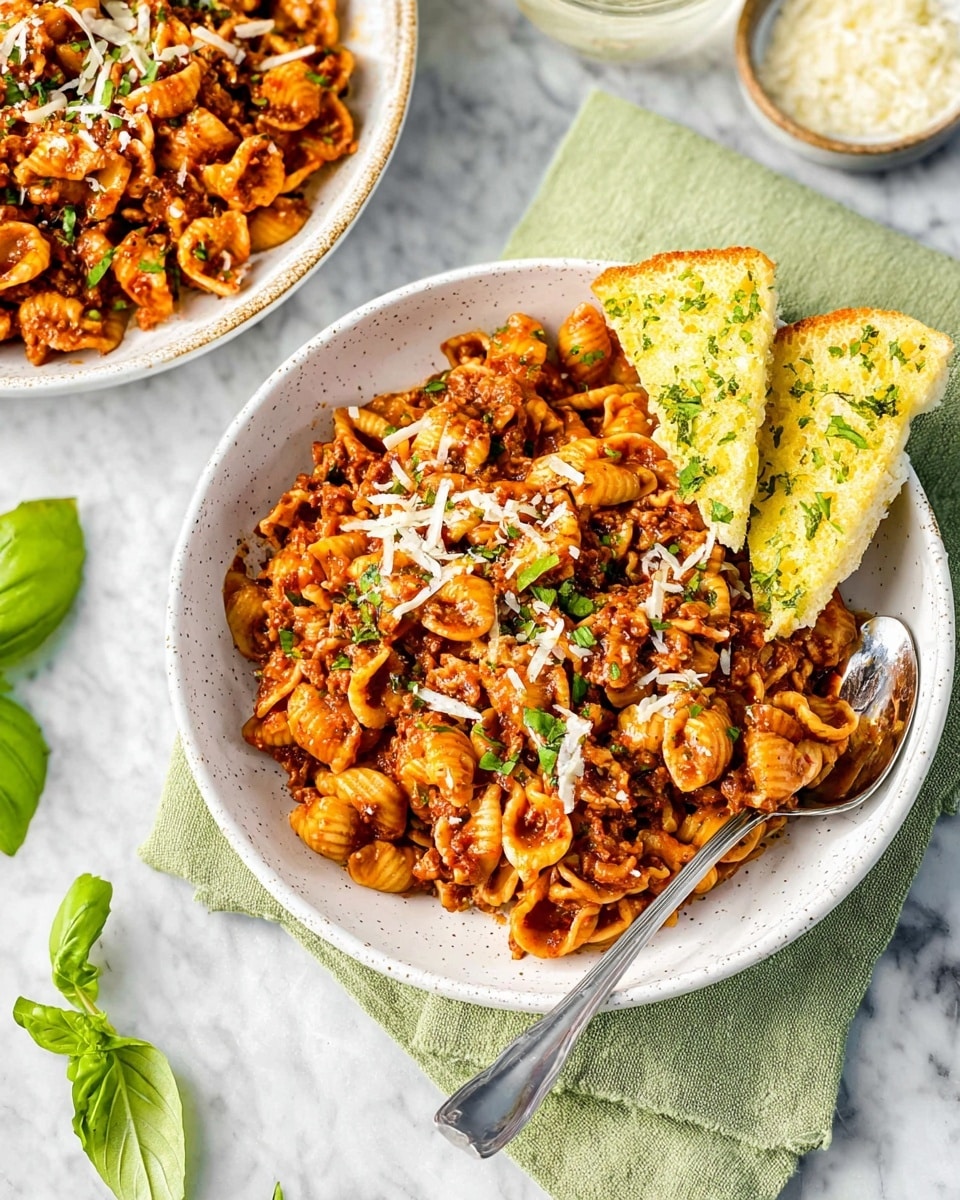 The dish shows two white ceramic bowls filled with a rich, reddish-brown pasta with a chunky texture, topped with small green herbs and sprinkled fine white cheese. Each bowl also holds two triangular pieces of light yellow garlic bread with green herb bits, placed on the top right side. A large silver spoon rests inside the front bowl, and the setup is placed on a white marbled surface with a soft green cloth under the spoon. There are a few fresh basil leaves scattered around for decoration photo taken with an iphone --ar 4:5 --v 7