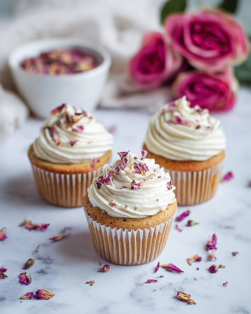 A close-up image of a cupcake with one layer of light brown cake in a brown paper wrapper, topped with a swirl of creamy white frosting with tiny dark specks. The frosting has a smooth, thick texture and is garnished with small dried pink rose petals scattered on top and around the cupcake on a white marbled surface. Two other similar cupcakes are blurred in the background, giving depth to the image. Photo taken with an iphone --ar 4:5 --v 7