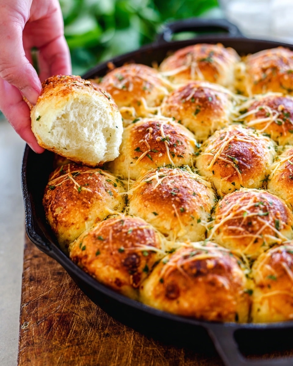 A close-up of a black cast iron pan filled with golden brown baked bread rolls arranged closely in a circular shape, each roll topped with thin strips of melted cheese and sprinkled herbs. One roll on the left is being gently taken by a woman's hand showing a soft white inside with a slightly crispy outer crust. The pan is placed on a wooden surface with green blurred leaves in the background, all set on a white marbled textured surface. Photo taken with an iphone --ar 4:5 --v 7