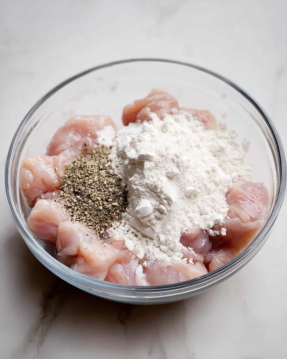 A clear glass bowl sits on a white marbled surface, filled with light pink raw chicken pieces as the bottom layer. On top of the chicken, there is a large mound of white powder, likely flour or starch, and a smaller pile of black pepper seasoning is placed next to it, creating a contrast between the white and black. The overall scene looks simple and clean, with soft lighting highlighting the textures and colors in the bowl. photo taken with an iphone --ar 4:5 --v 7