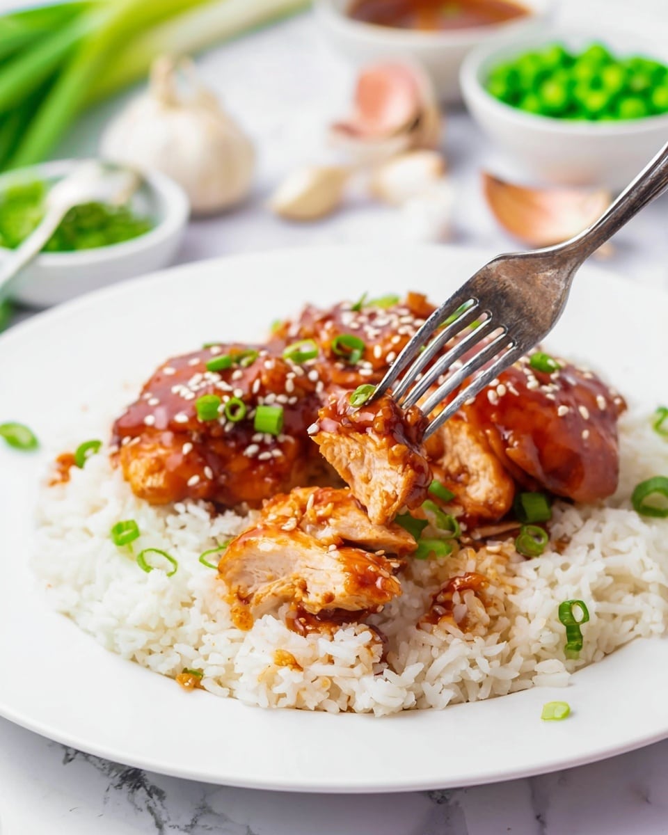 The image shows a white plate with a base layer of cooked white rice, slightly scattered with small green onion pieces. On top of the rice are two pieces of cooked chicken glazed in a glossy reddish-brown sauce with visible sesame seeds and green onion slices. A silver fork is pulling apart one piece of chicken, revealing the light, tender inside. The plate rests on a white marbled surface, and in the background, there are blurred bowls of green peas and honey, along with garlic bulbs and green onions placed around. Photo taken with an iphone --ar 4:5 --v 7