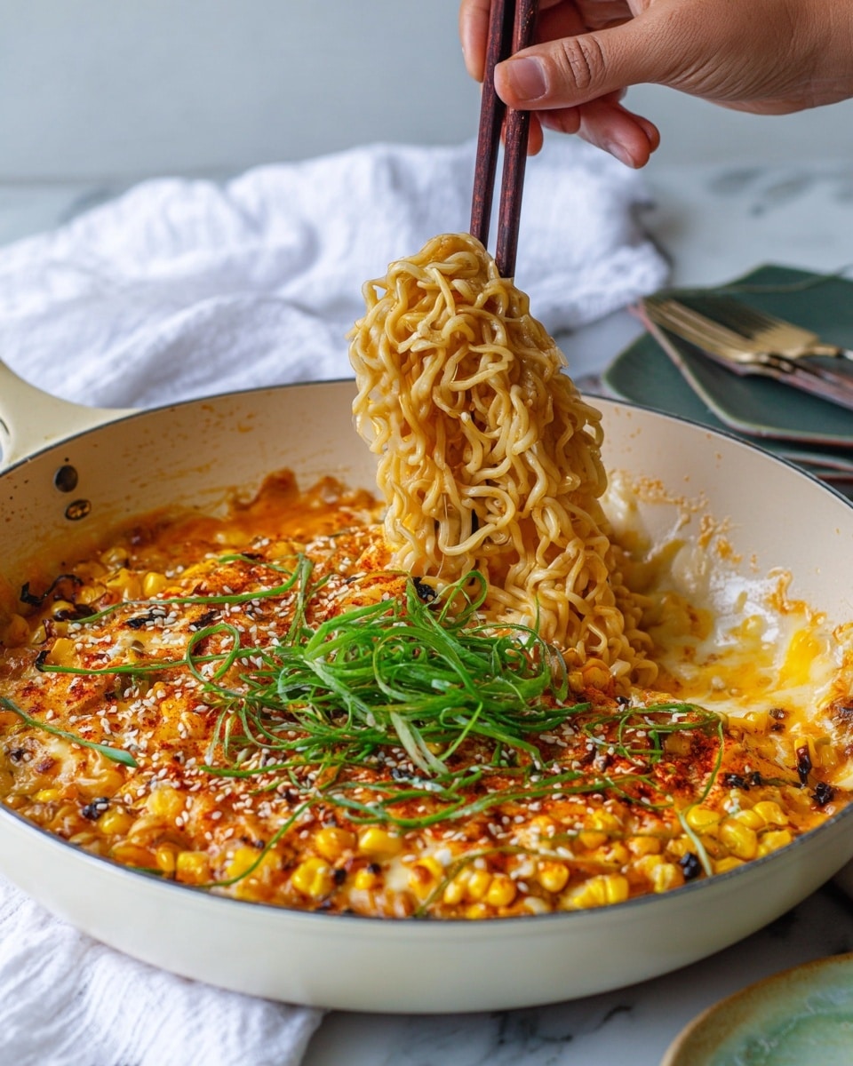 A white pan filled with a dish that has three main layers: the bottom layer is cooked noodles with a light golden color, the middle layer is melted cheese in orange and white shades that covers the noodles, and the top layer is yellow roasted corn sprinkled with white sesame seeds and red spices. On top of the corn, there are thin green spirals of sliced scallions arranged in a small pile at the center. A woman's hand is holding dark wooden chopsticks lifting a clump of noodles covered in melted cheese above the pan. The pan is placed on a white marbled surface with a white cloth in the background and a small plate partially visible at the corner. Photo taken with an iphone --ar 4:5 --v 7