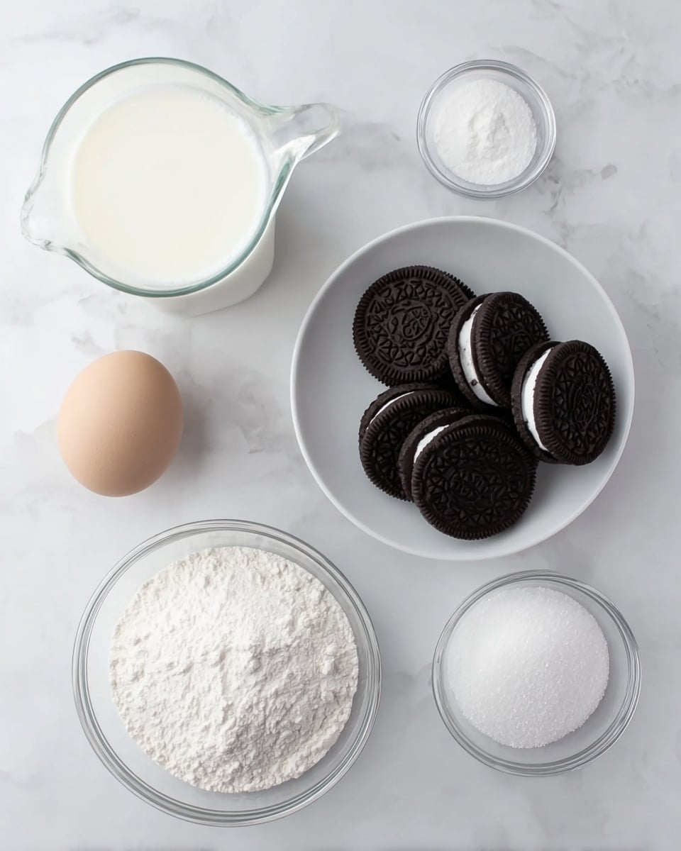 The image shows six ingredients placed on a white marbled surface. There is a transparent glass jug filled with white milk on the bottom left. Next to it is a single light brown egg. Above the egg is a small glass bowl of white powdered sugar. At the top center right, a white plate holds a pile of dark brown chocolate sandwich cookies with cream filling. To the left of the plate is a small glass bowl filled with white powdered sugar. On the right side is a small white bowl with white granulated sugar. The setup is clean and bright, showing all ingredients clearly for baking. photo taken with an iphone --ar 4:5 --v 7