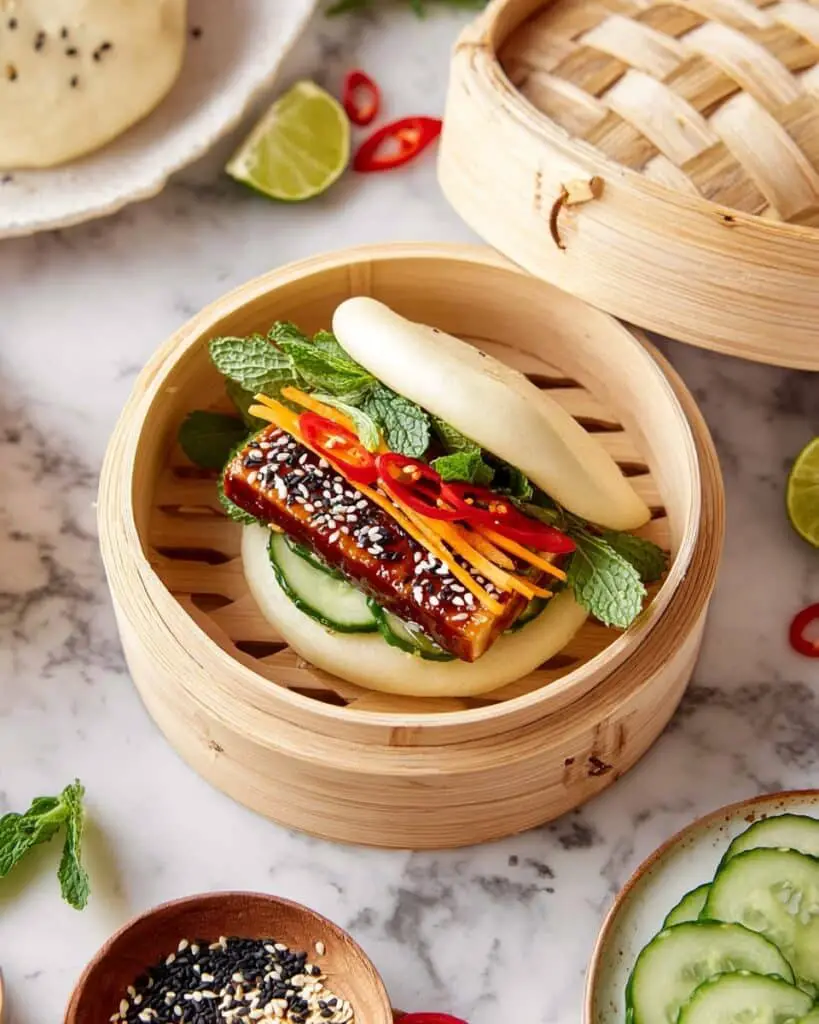 Steamed Bao Buns with Marinated Tempeh and Fresh Veggies Recipe