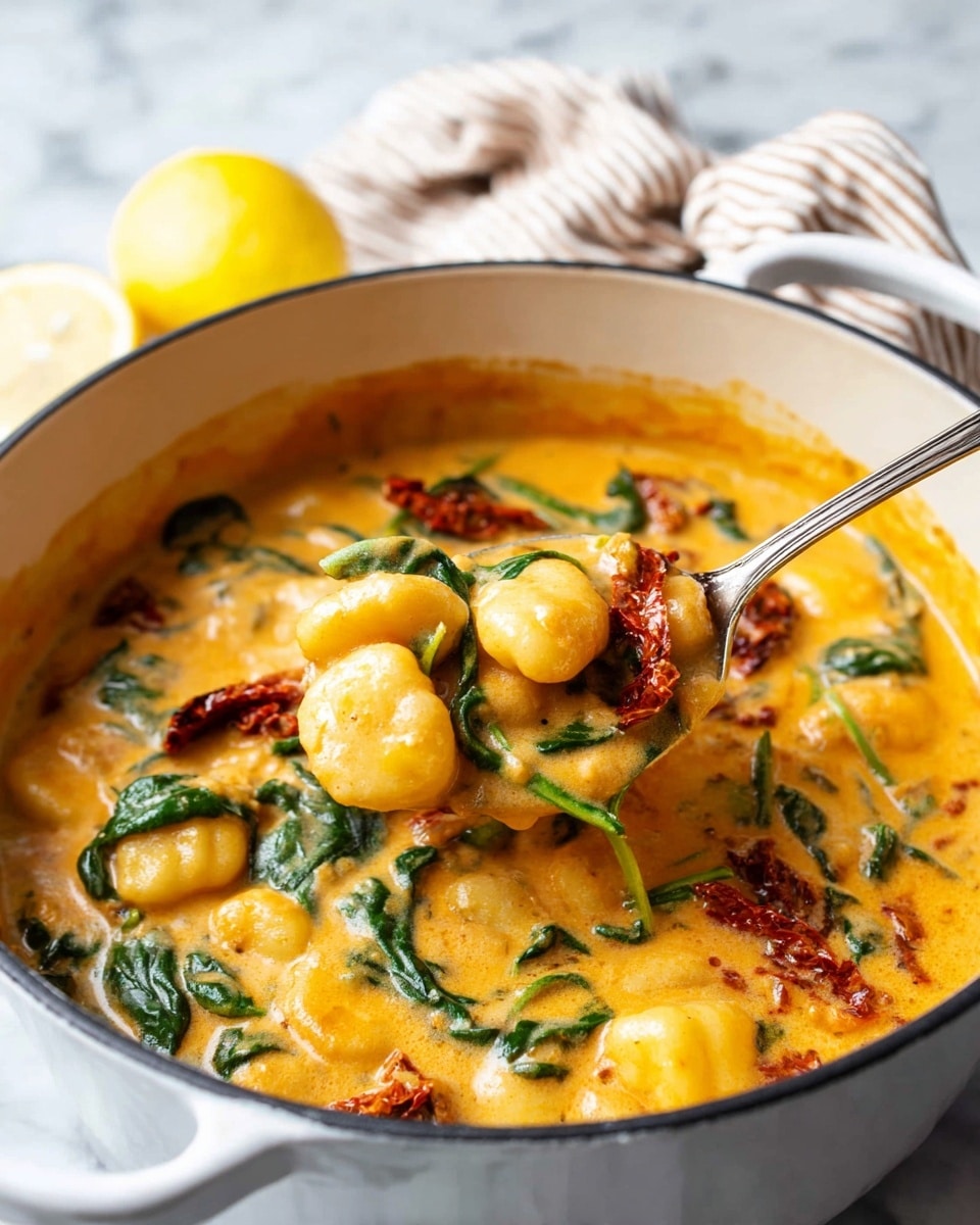 The image shows a white pot filled with creamy orange sauce and tender gnocchi. Inside the sauce, there are bright green spinach leaves and dark red sun-dried tomatoes mixed in, creating a rich color contrast. A spoon holds a small serving of the gnocchi and sauce above the pot, showing the smooth and thick texture of the sauce that coats the soft pasta pieces. The background features a white marbled surface with a lemon and a cloth with a simple striped pattern in soft brown and white colors. Photo taken with an iphone --ar 4:5 --v 7