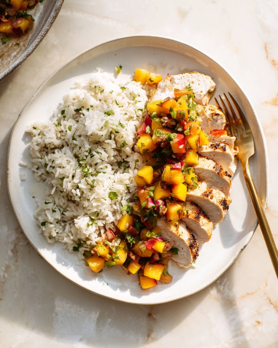 A white plate sits on a white marbled surface, with two main parts on it. On the left half, there is a heap of white rice mixed with small green herbs, giving a fresh look. On the right half, there are several slices of light brown grilled chicken, topped with a colorful salsa made of small pieces of yellow peaches, green and red peppers, and tiny bits of green herbs, all mixed together. A gold fork rests on the right edge of the plate, with a piece of salsa on its prongs. The lighting is soft and natural, showing all the textures and colors clearly. photo taken with an iphone --ar 4:5 --v 7