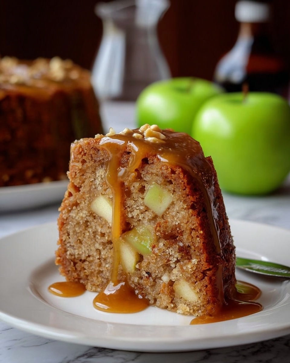 A close-up of a single slice of brown cake with visible chunks of light green apple inside, topped with a shiny caramel sauce dripping down the sides, sitting on a white plate. The cake has a moist, soft texture with a dense crumb and some small nut pieces. A silver knife lies beside the slice on the plate, and in the blurry background, there are two green apples, a clear glass pitcher, and a small dark bottle. The surface is a white marbled texture. photo taken with an iphone --ar 4:5 --v 7