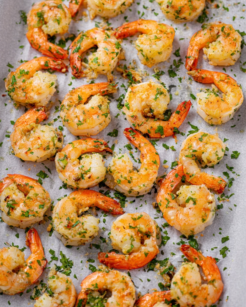 The image shows many cooked shrimp spread out on a sheet of light gray parchment paper on a white marbled surface. The shrimp are orange-pink in color with a slightly translucent white inside, and they are sprinkled with green chopped herbs evenly over them. Some shrimp have parts that appear slightly browned or charred. The shrimp are arranged loosely in no particular pattern, showing some space between each piece. The herbs add a fresh green contrast to the warm tones of the shrimp. photo taken with an iphone --ar 4:5 --v 7