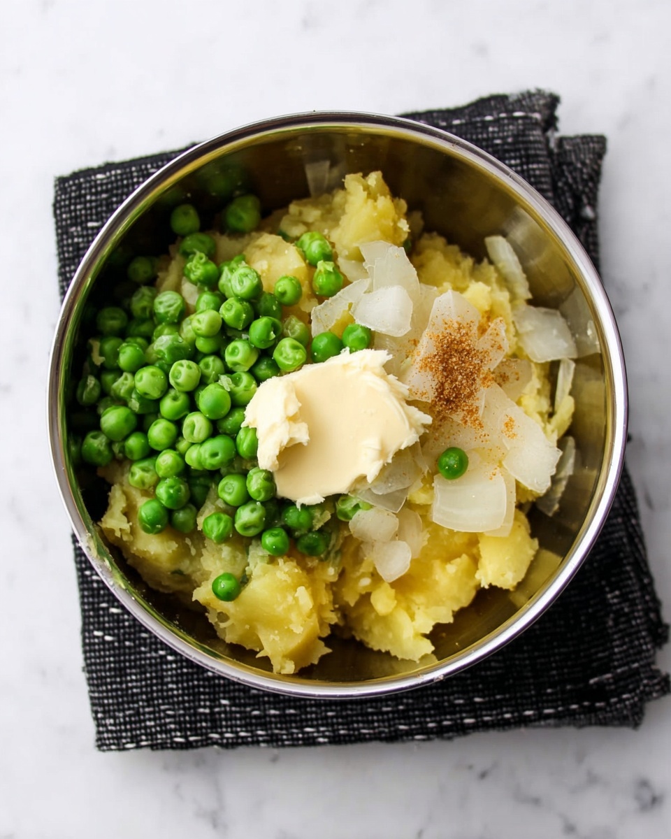 The image shows a stainless steel bowl containing a mix of cooked ingredients for a dish, placed on a black cloth with white stitching over a white marbled surface. Inside the bowl, there are roughly mashed yellow potatoes forming the base layer with a soft texture. On top of this, there is a layer of bright green peas scattered unevenly among translucent white cooked onions. A dollop of creamy light beige butter sits prominently on one side of the bowl. There are also visible small specks of brown seasoning sprinkled over the potatoes near the center, adding texture contrast. The overall look is a colorful mix of soft textures and fresh vegetables in a simple metal bowl, photo taken with an iphone --ar 4:5 --v 7