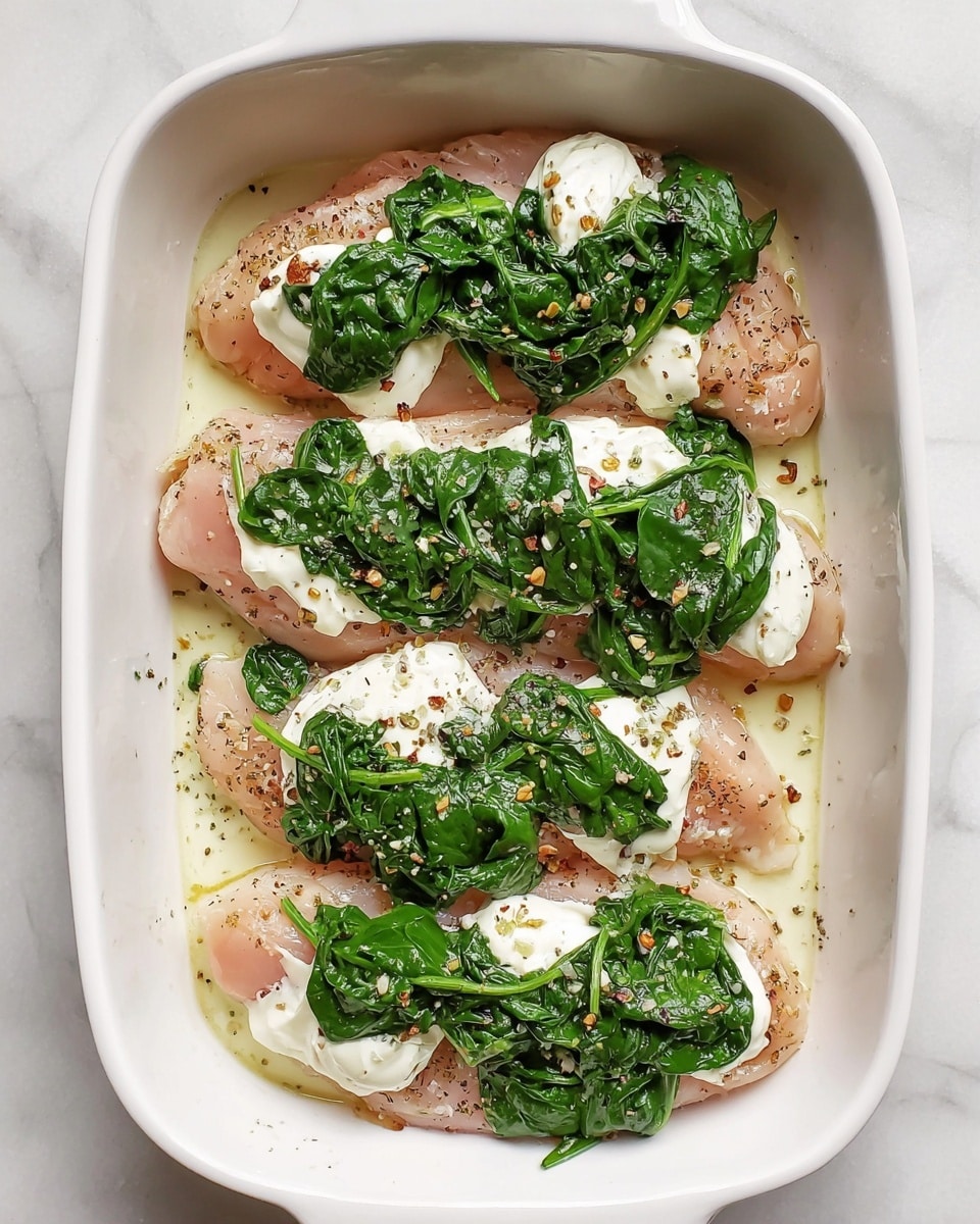 The image shows a white baking dish with four raw chicken fillets arranged side by side inside. Each fillet is topped with a layer of creamy white cheese and a generous pile of wilted bright green spinach leaves. The chicken is seasoned with visible pepper and small herb flakes. The dish sits on a white marbled surface, and the creamy cheese contrasts with the pinkish tone of the raw chicken, while the spinach adds fresh green color. photo taken with an iphone --ar 4:5 --v 7