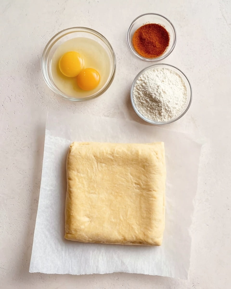 This image shows a white marbled surface with a piece of square light beige dough placed on white parchment paper. Above the dough, there are three small glass bowls lined up horizontally: the left bowl contains two raw eggs with bright yellow yolks and clear whites, the middle bowl is filled with a fine white powder, possibly flour, and the right bowl holds a small amount of reddish-brown spice powder. The overall look is clean and simple, focused on basic baking ingredients arranged neatly. photo taken with an iphone --ar 4:5 --v 7
