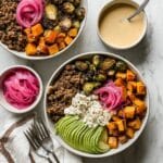 Ground Turkey Bowls with Roasted Sweet Potatoes, Brussels Sprouts, and Maple Dijon Sauce Recipe