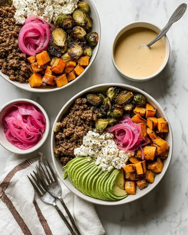 Ground Turkey Bowls with Roasted Sweet Potatoes, Brussels Sprouts, and Maple Dijon Sauce Recipe