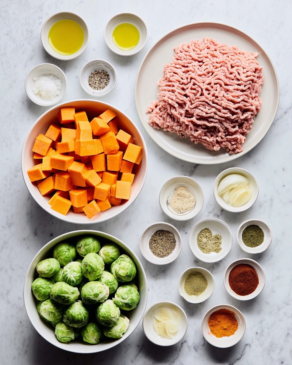 The image shows many bowls with fresh ingredients on a white marbled surface. In the center left, there is a white bowl full of small orange cubes of sweet potato, and below it to the right is a white bowl filled with halved green Brussels sprouts. Above the Brussels sprouts is a white plate with a large pile of raw light pink ground meat. On the upper left side, there are two small white bowls, one with golden yellow oil and the other with a mix of salt and black pepper. To the right of the meat plate, there is a group of small white bowls arranged in a scattered layout, each containing different spices and sauces in various colors: pale beige, light yellow powder, dark green powder, brown powder, reddish powder, minced garlic, light yellow mustard, amber liquid, and olive oil. The composition is neat, showing fresh and colorful ingredients ready for cooking, photo taken with an iphone --ar 4:5 --v 7