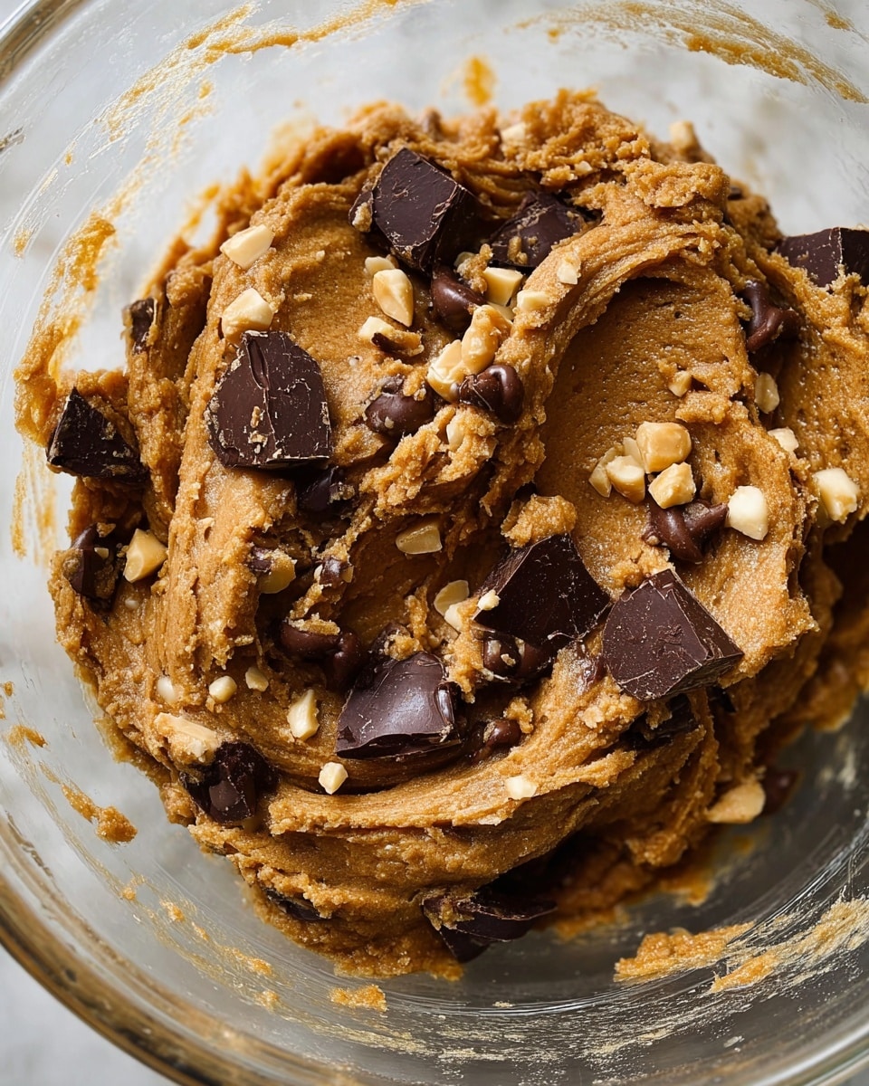 A close-up view of thick, brown cookie dough mixed with large dark chocolate chunks and small pale nuts, all inside a clear glass bowl showing texture and slight gloss on the dough, with the dough swirling across the bowl in folds on a white marbled surface, photo taken with an iphone --ar 4:5 --v 7