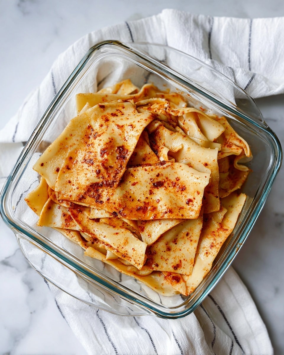 A clear square glass dish holds a layered dish with about three layers of wide, flat pasta sheets. The pale yellow pasta is unevenly stacked and folded, with a reddish-orange sauce spread on top and soaking in places, giving a slightly speckled look. The edges are soft and some pieces curl slightly. The dish sits on a white marbled surface with a white cloth with grey stripes loosely placed behind it. Photo taken with an iphone --ar 4:5 --v 7
