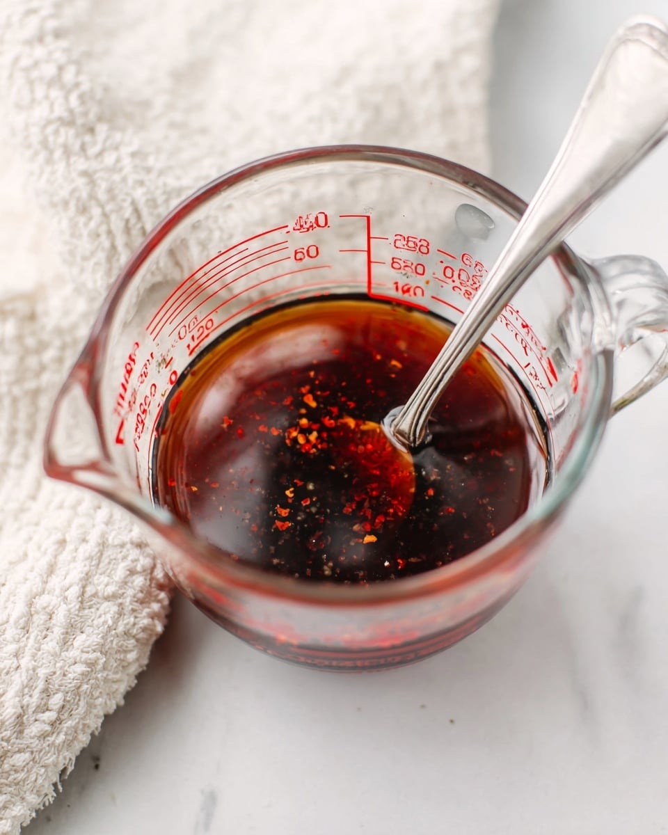 A clear glass measuring cup with red measurement markings contains a dark brown liquid with tiny red flecks evenly spread throughout. A silver spoon rests inside the cup, partially submerged in the liquid. The measuring cup sits on a white marbled surface with a soft, cream-colored textured cloth in the background. The photo taken with an iphone --ar 4:5 --v 7