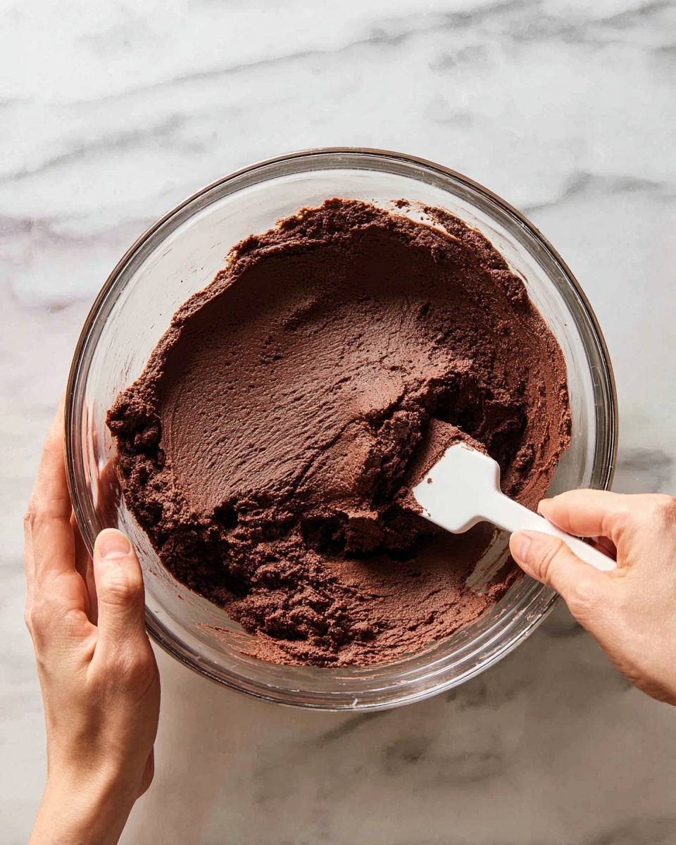A clear round glass bowl holds thick dark brown chocolate dough that looks soft and smooth. The dough spreads out evenly inside the bowl, showing some light rough textures on the surface. A white spatula is pressed into the dough on the right side, slightly scooping it, while a woman's hand grips the spatula handle. Another woman's hand holds the bowl steady from the left side. The bowl sits on a white marbled surface. Photo taken with an iphone --ar 4:5 --v 7