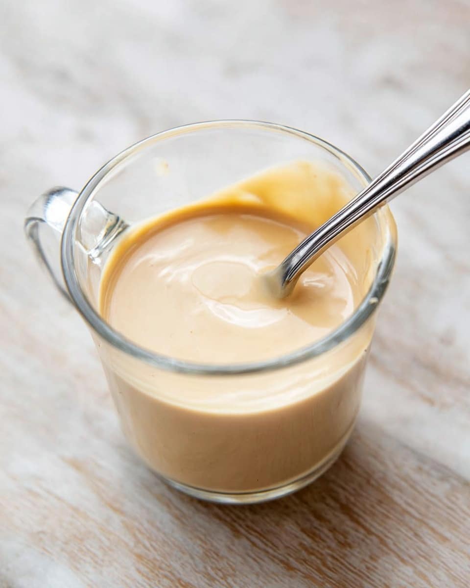 A clear glass cup filled halfway with smooth, creamy beige sauce is shown, with a silver spoon resting inside on the right side. The sauce has a thick texture and coats the inside of the cup evenly. The cup sits on a white marbled surface with soft lighting highlighting the glossy surface of the sauce. Photo taken with an iphone --ar 4:5 --v 7